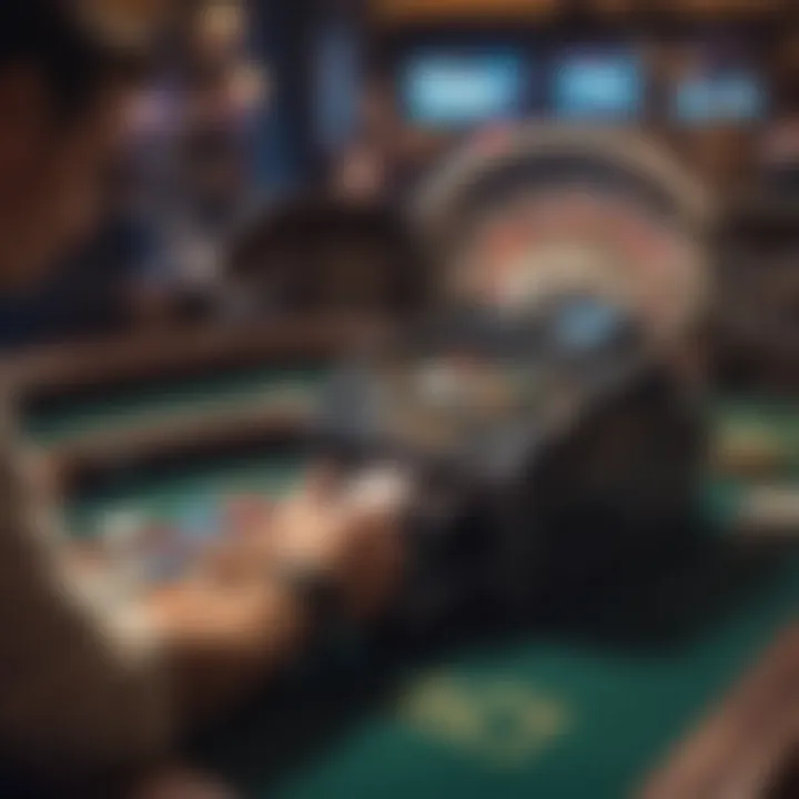 An automated card shuffler at a bustling casino table, illustrating its impact on game dynamics