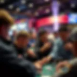 A bustling poker tournament scene with players focused on their cards