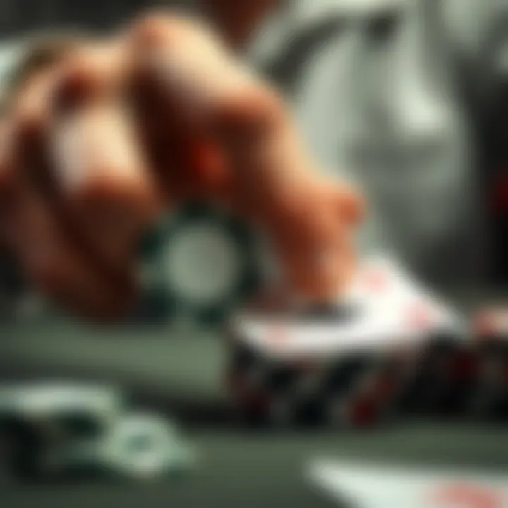 Strategic Moves in Poker Close-up of a player's hand holding poker chips and cards