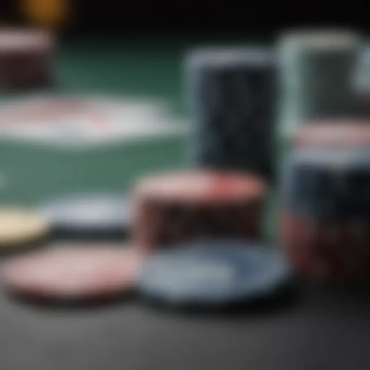 Close-up of poker chips and cards symbolizing strategy in play