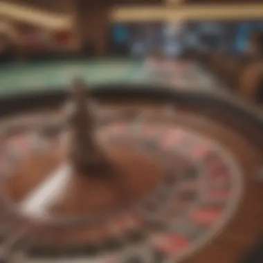 An elegant roulette wheel spinning in a luxurious casino setting.