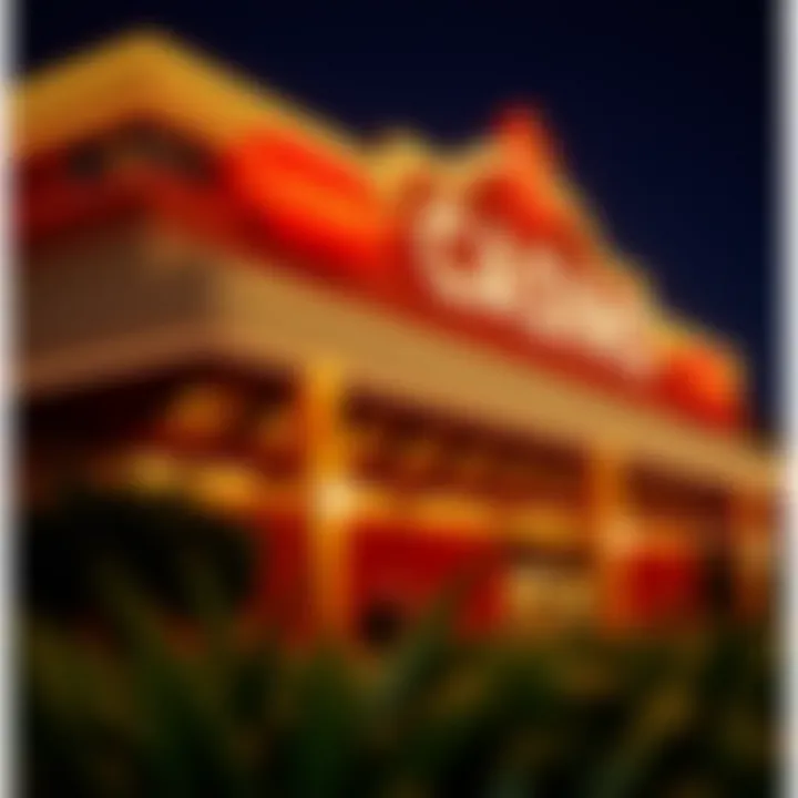 Modern Casino Exterior Exterior view of a modern casino at night with illuminated signage