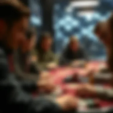 Strategizing Gamers in Action A group of gamers strategizing around a table with game boards and cards