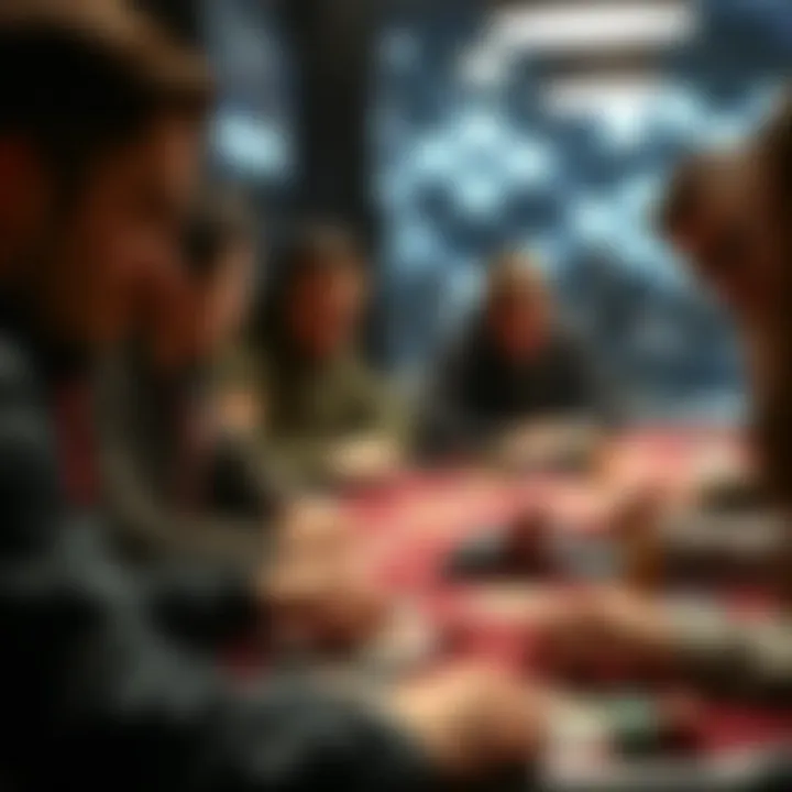 Strategizing Gamers in Action A group of gamers strategizing around a table with game boards and cards