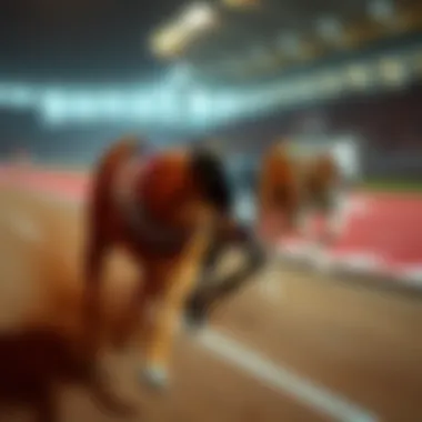 A close-up of greyhounds sprinting down the track during a race.