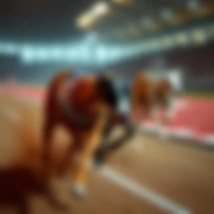 A close-up of greyhounds sprinting down the track during a race.