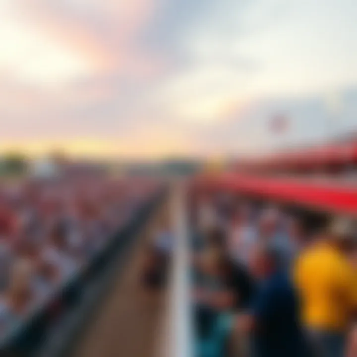 A panoramic view of a bustling greyhound racing track filled with spectators.