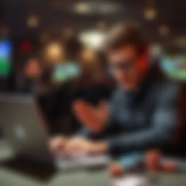 A thoughtful player analyzing different game options on a laptop