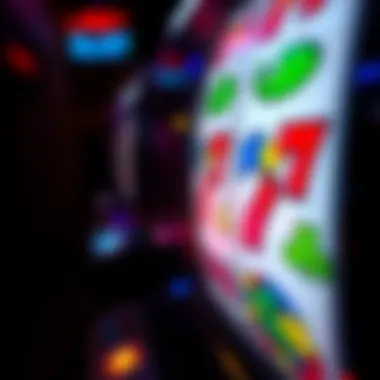 Close-up of a spinning slot machine reel with colorful symbols.