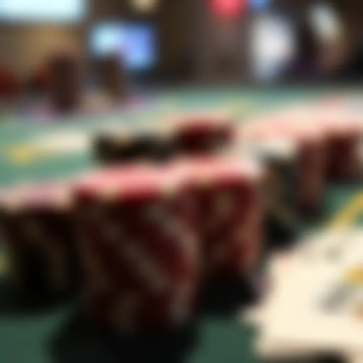 A close-up of poker chips and cards on a gaming table