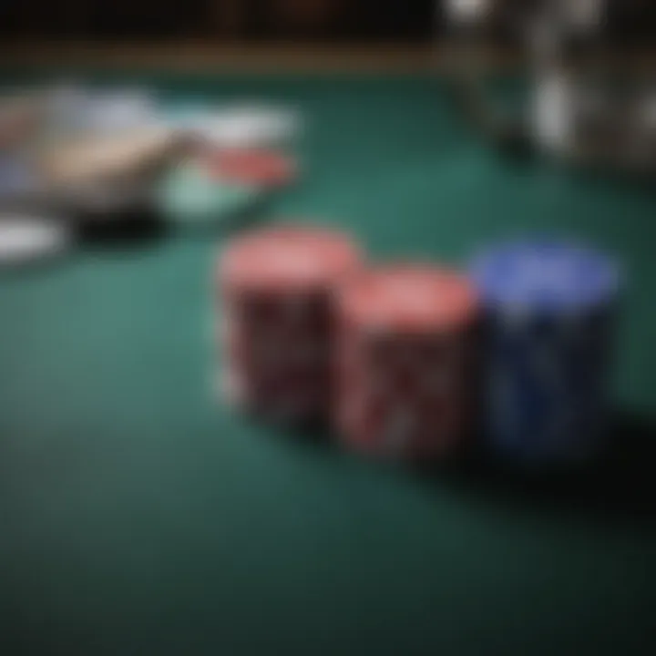 A close-up of poker chips and cards on the table