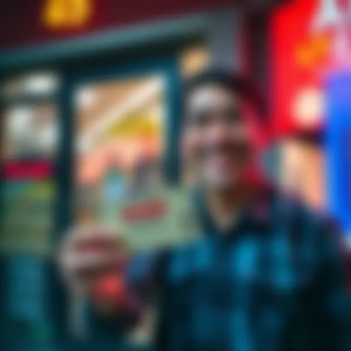 Celebrating Success: A Winner's Joy A happy winner holding a winning scratch-off ticket in front of a store