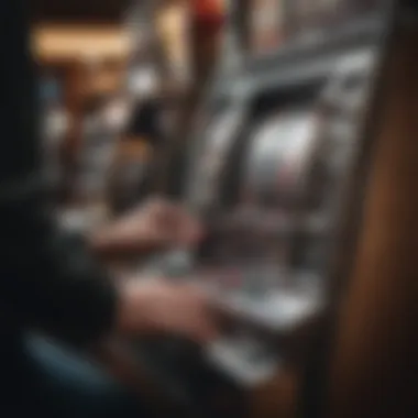 Close-up of a player pulling the lever on a slot machine