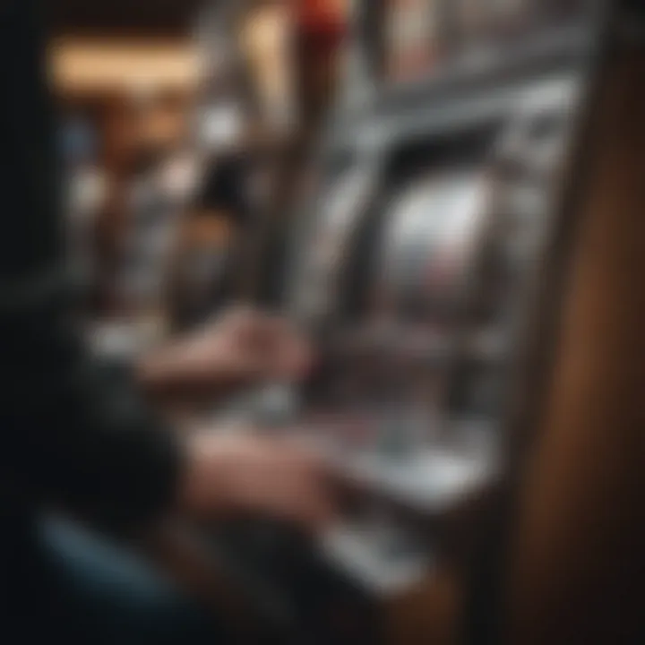 Close-up of a player pulling the lever on a slot machine